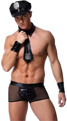4-Delig Sexy Heren Kostuum - Politie - Boxer, Pet, Kraag met Stropdas en Polsbanden - Zwart Lederlook - Mannen - Heren Lingerie - Vrijgezellenfeest - One Size — thumbnail 1