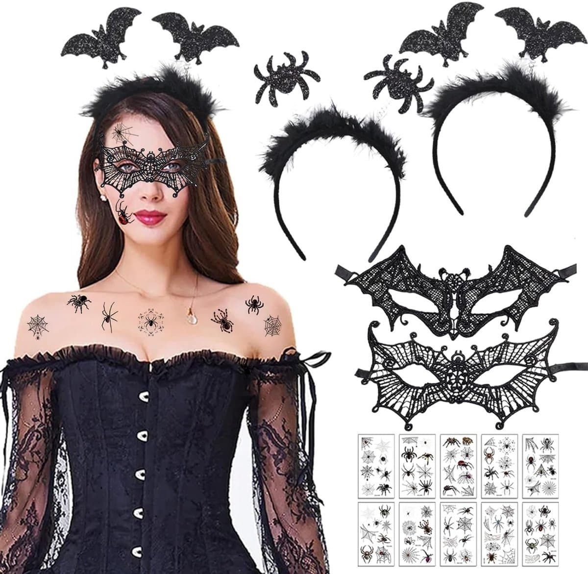 5-delige Halloween Steampunk Accessoires voor Vrouwen met Kanten Handschoenen, Venetiaanse Masker, Gothic Sieraden en Tattoo Stickers voor Cosplay en Feestjes — afbeelding 1