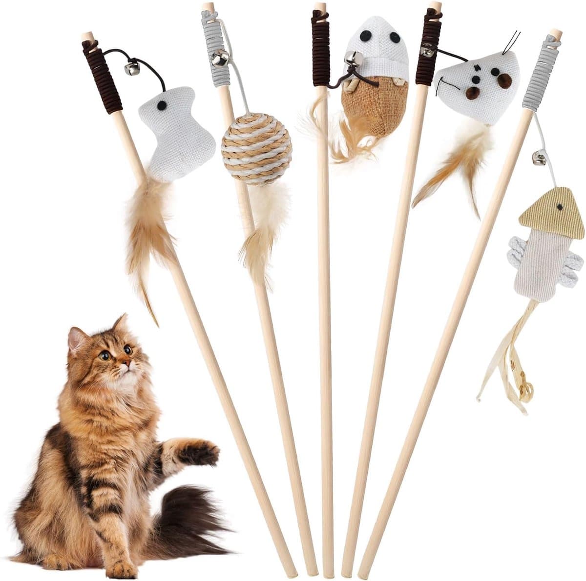 5 stuks interactief kattenspeelgoed met veer en houten handvat — afbeelding 1