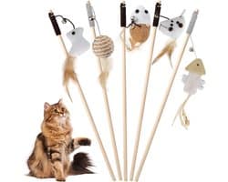 5 stuks interactief kattenspeelgoed met veer en houten handvat