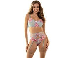 Bloemen Geborduurde Bh en Corset Set Roze