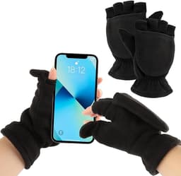 Winterhandschoenen - 1 paar warme winterhandschoenen - Vingerloze polar fleece handschoenen - Vingerloze warme handschoenen - Winddichte flip-top handschoenen voor heren en dames - Zwart -L — thumbnail 2