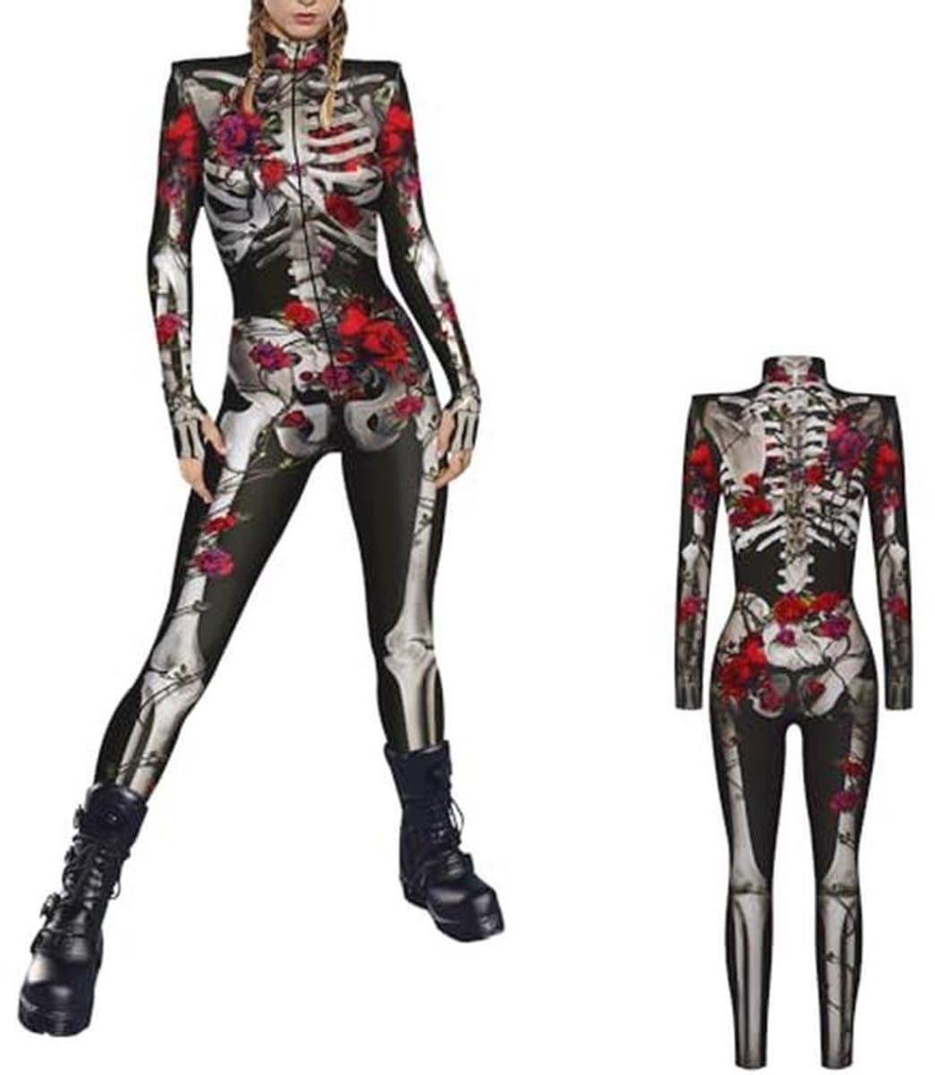 Halloween Jumpsuit Dames Skelet Kostuum 3D-Print Lange Mouwen Skinny Catsuit — afbeelding 1