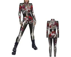 Halloween Jumpsuit Dames Skelet Kostuum 3D-Print Lange Mouwen Skinny Catsuit