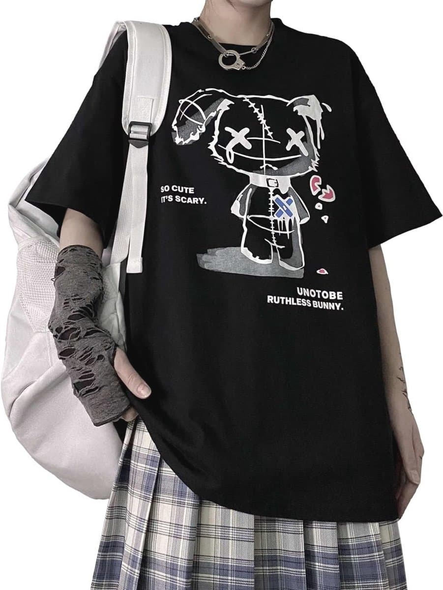 Vrouwen Grunge T-shirt met Gothic Beer Print – Trendy Harajuku Stijl — afbeelding 1