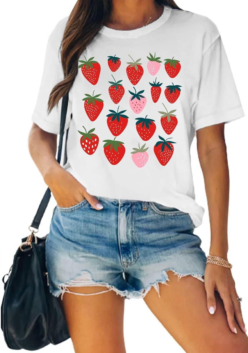 Dames T-shirt met Aardbeien Print - Zomer Top voor Vrouwen — afbeelding 1