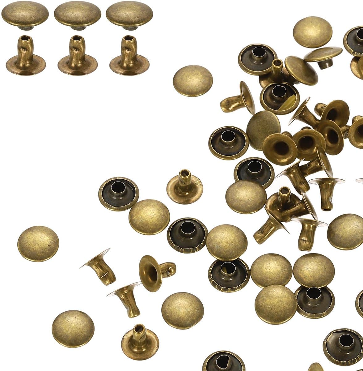 200 sets 8 mm lederen klinknagels, enkele doppen, holle klinknagels, koolstofstaal, ronde kop, snaps, buisvormige metalen pennen voor riem, decoratie, kleding, doe-het-zelf handwerk (bruin) — afbeelding 1