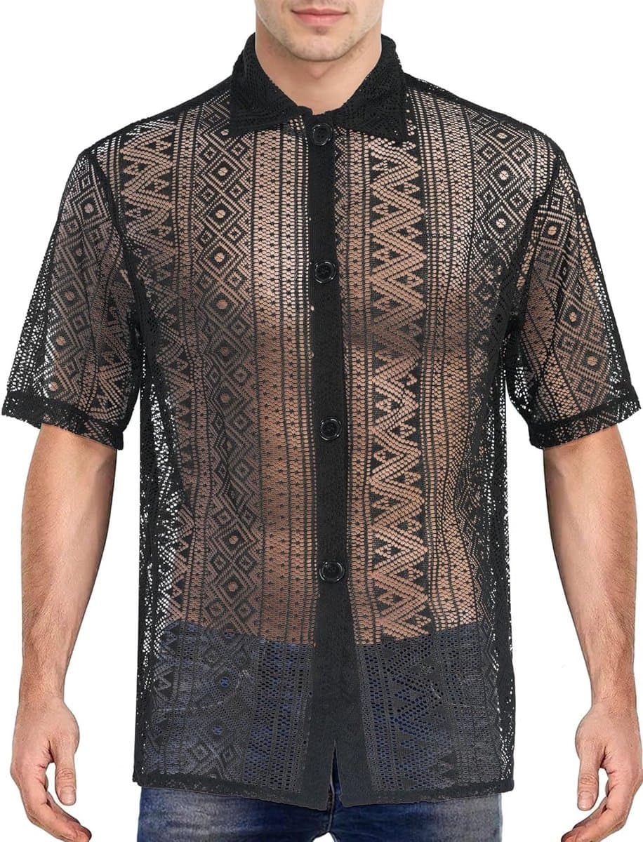 Transparante Mouwloze Blouse voor Mannen - Zomer T-shirt met Zakjes en Lingerie Stijl — afbeelding 1