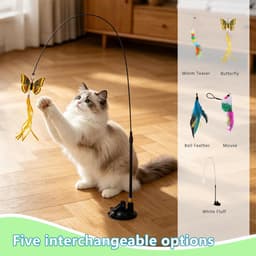 Kattenspeelgoed met zuignap en veren, 5-delige interactieve kattenhengelset met belletjes, flexibele speelhengel voor huiskatten, activiteitsspeelgoed voor katten en kittens — thumbnail 3