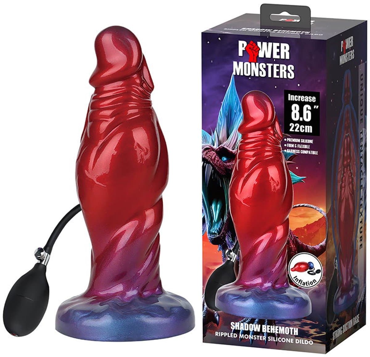 Power Monsters - Shadow Behemoth - Opblaasbare Monster Dildo - 22 cm - Rood/Blauw — afbeelding 1