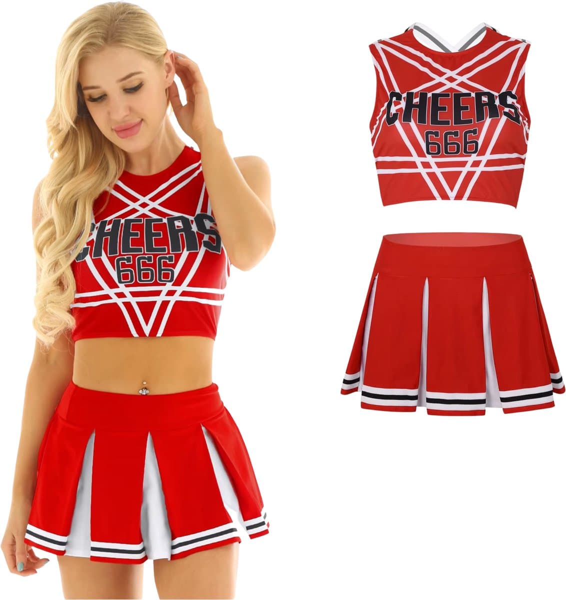 Sexy Cheerleader Kostuum - 2-delig Rood Verkleedpakje - Rokje & Korte Top Met Open Rug - Rollenspel / Cosplay - Lingerie Ondergoed voor Dames - Maat L — afbeelding 1
