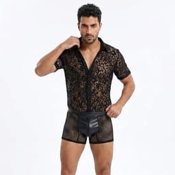 Erotische Herenblouse Zwart - Transparant Kanten Overhemd voor Heren - Sexy Clubwear voor Mannen - Maat XL — thumbnail 6