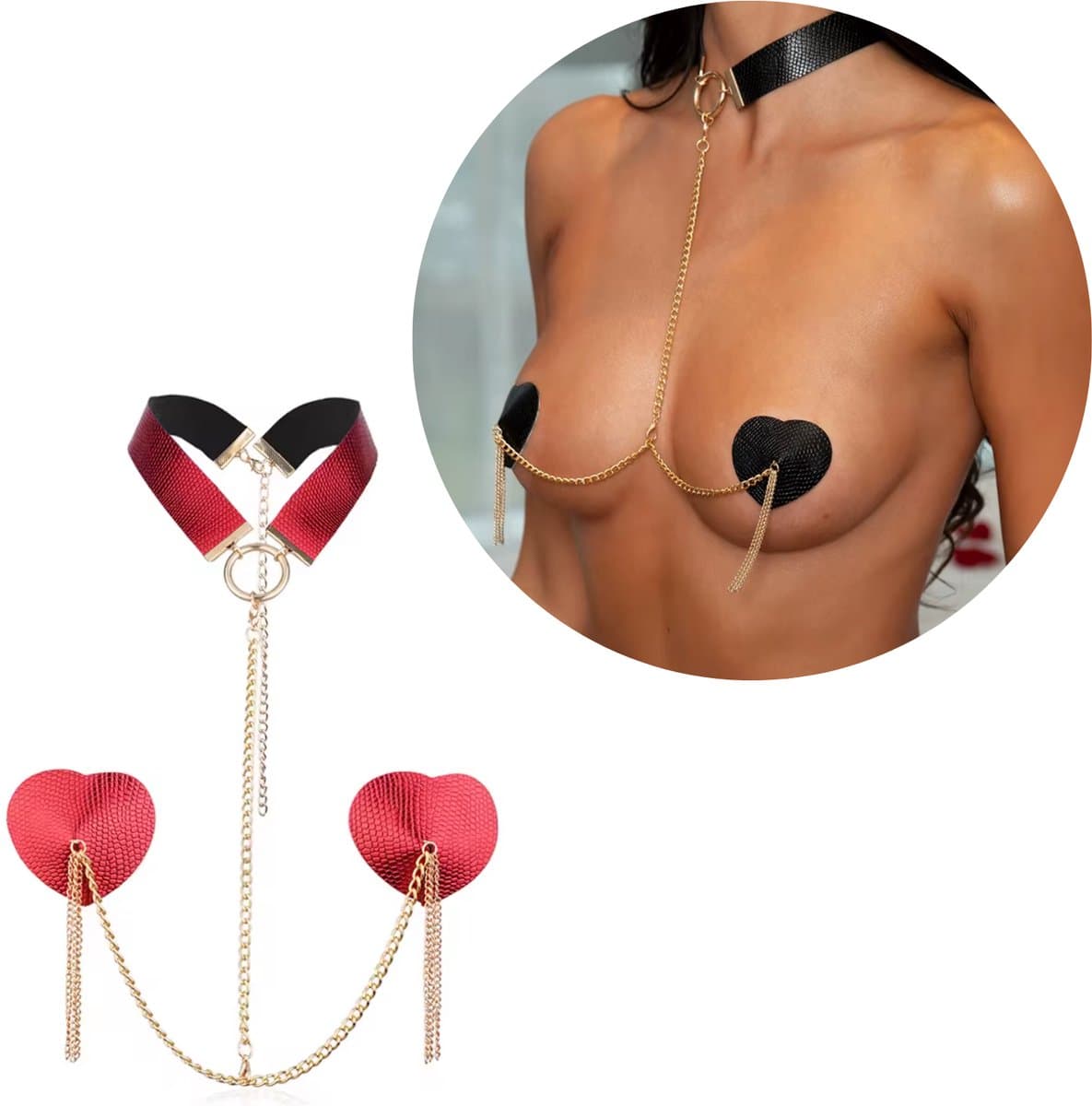 Sexy Tepel Covers voor Vrouwen - Hartvormige Nipple Covers met Choker en Ketting - Verleidelijke Tepelstickers - Tepelplakkers - Rood - One Size — afbeelding 1