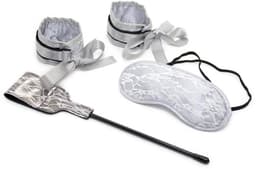 Nooitmeersaai - Bondaget set met handboeien, masker en paddle - Satijn - Wit - One-size — thumbnail 1