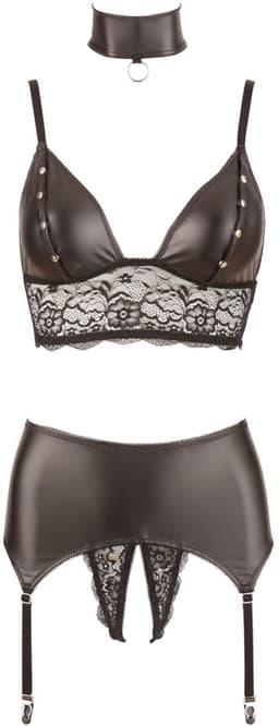 Cottelli Collection – Wetlook Suspender Set met Hals/Pols Boeien en Lingerie voor Bondage Avonturen – Maat S – Zwart — thumbnail 6