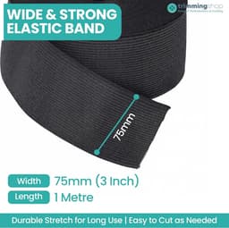 Elastische Band 75mm - 1 Meter - Elastiek voor Kleding, Tailleband, Naaien en Doe-het-zelf Knutselen - Zwart — thumbnail 2