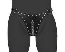 PU Leather Chastity Thong with Chain Detail - Black