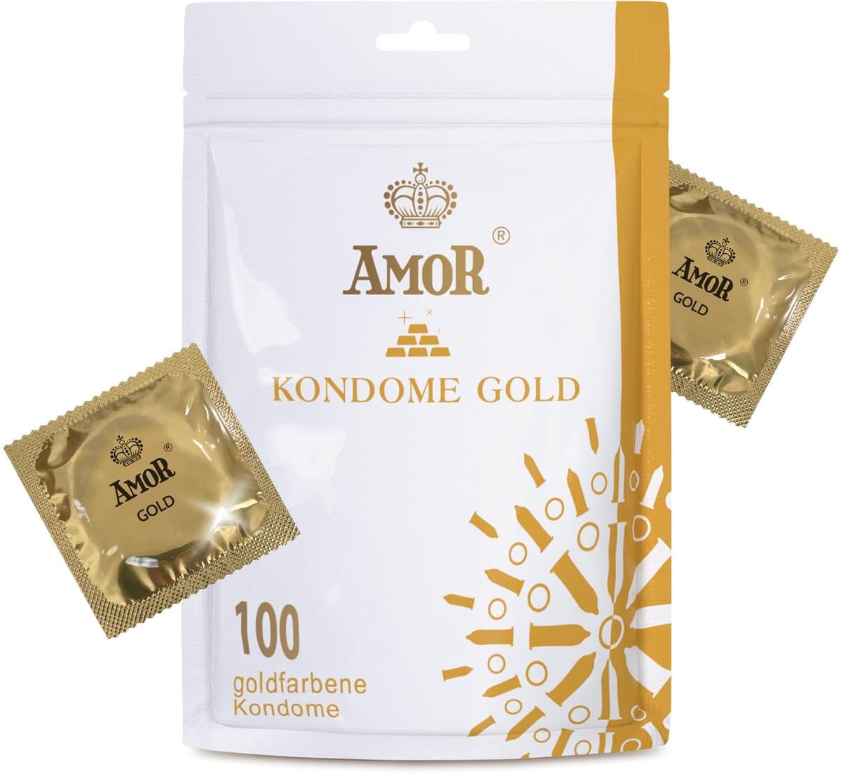 AMOR Premium Condooms, Met extra dunne of dikke wanddikte, Kleur Goud, 100 stuks, Ø 53 mm — afbeelding 1