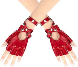Handschoenen met klinknagels, halve vingers, vingerloos, rock, leren handschoenen voor dames en meisjes, voor dans, hiphop, optredens, paaldansen, cosplay en feesten, rood — thumbnail 1