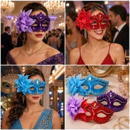 Set van 3 Venetiaanse maskers - halve gezichtsmaskers - blauw paars rood met bloemen en kant - ShopVlot — thumbnail 4