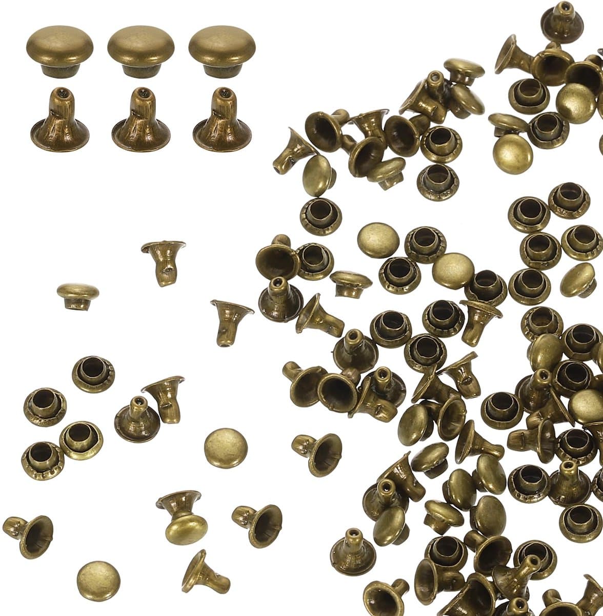 100 sets 3 mm lederen klinknagels, enkele doppen, holle klinknagels, koolstofstaal, ronde kop, snaps, buisvormige metalen pennen voor riem, decoratie, kleding, doe-het-zelf handwerk (bruin) — afbeelding 1