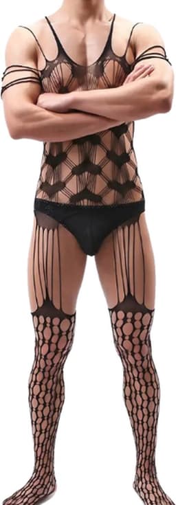LekkerStout Visnet Bodystockings - 3-Pack - Open Kruis - Zwart - Sexy Herenlingerie | M-XL | ( LS102 ) — thumbnail 6