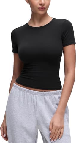 Getailleerd T-shirt met Hoge Ronde Hals voor Dames - Zachte Effen Basic Top — thumbnail 1