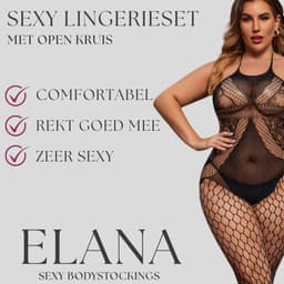 Elana Sarielle Bodystocking – Plussize L-3XL – Rekbaar Net – Sexy & Comfortabel - Erotische Lingerie - Catsuit - Zwart — thumbnail 2