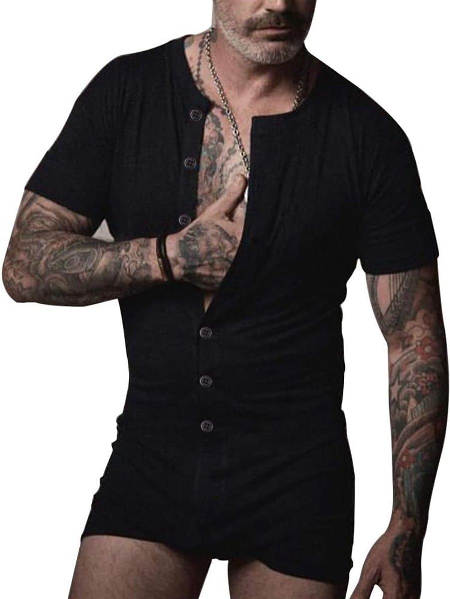 Heren Jumpsuit Korte Mouwen Katoen Henley Stijl Onesie — afbeelding 1