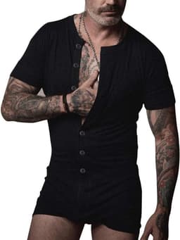Heren Jumpsuit Korte Mouwen Katoen Henley Stijl Onesie — thumbnail 1