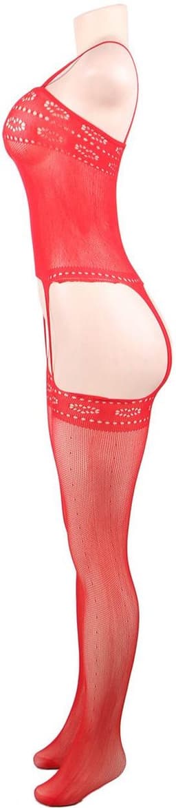 Zeloria Bodystocking – Rode Lingerie Catsuit met Jarretelle Look – Sexy Netstof – Open Kruis – XS/M — thumbnail 5