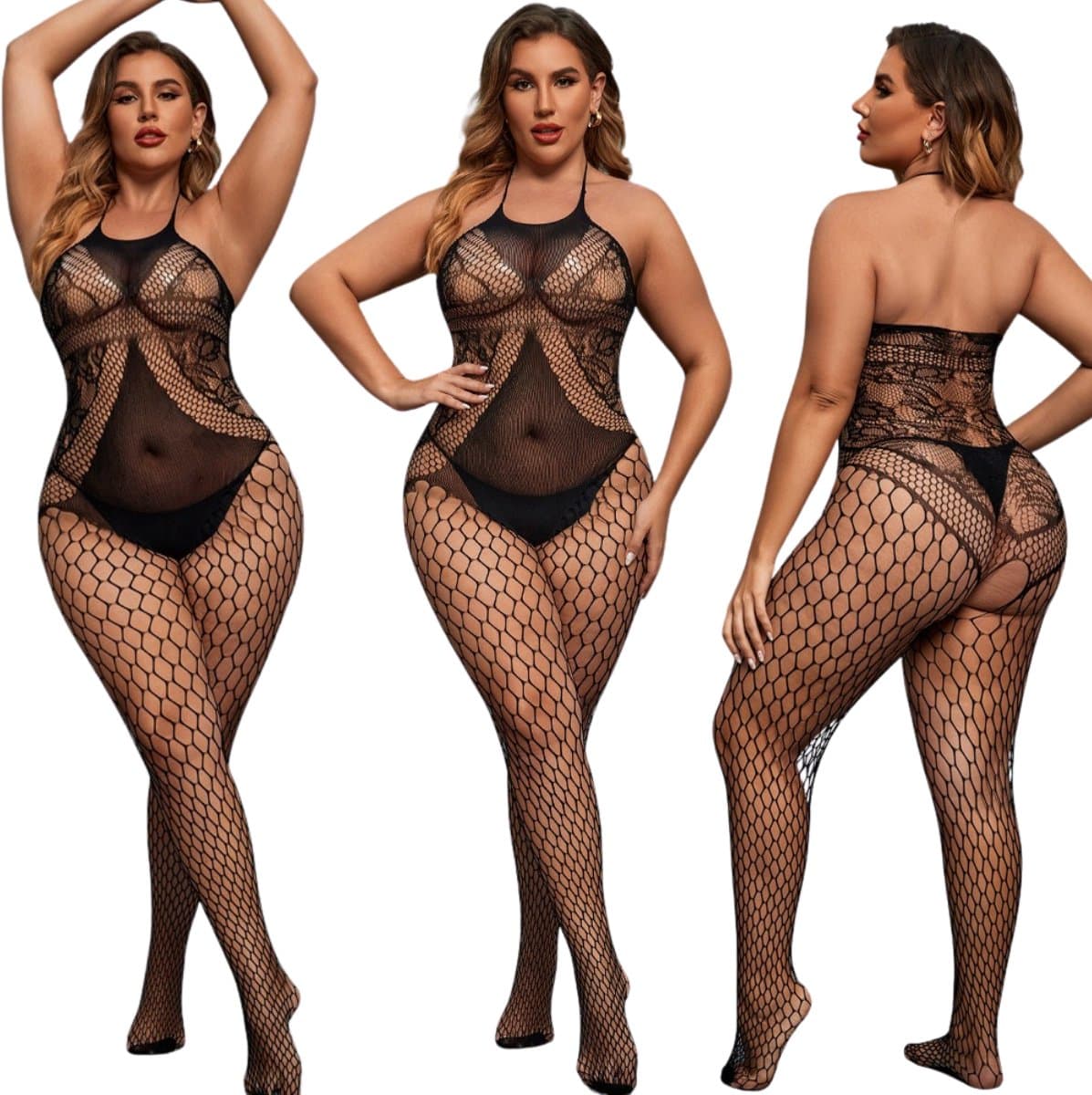 Elana Sarielle Bodystocking – Plussize L-3XL – Rekbaar Net – Sexy & Comfortabel - Erotische Lingerie - Catsuit - Zwart — afbeelding 1