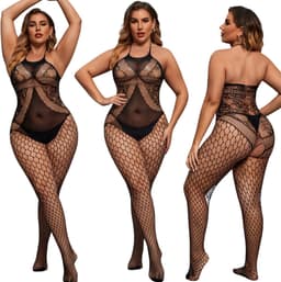 Elana Sarielle Bodystocking – Plussize L-3XL – Rekbaar Net – Sexy & Comfortabel - Erotische Lingerie - Catsuit - Zwart — thumbnail 1