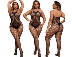 Elana Sarielle Bodystocking – Plussize L-3XL – Rekbaar Net – Sexy & Comfortabel - Erotische Lingerie - Catsuit - Zwart