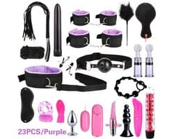 Daity BDSM Bondage Set – 23 Delig – Luxe Koppel Set met Handboeien, Blinddoek, Vibrator & Accessoires – Verstelbaar & Comfortabel – Voor Koppels & Rollenspel – Paars