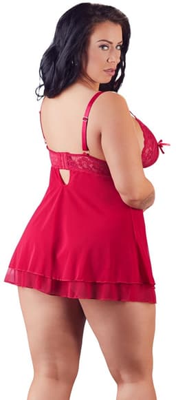 Cottelli Plus Size – Erotische Babydoll met Kanten Buste Motieven en Open Cups – Maat XL – Rood — thumbnail 2