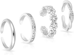 Teenringen Set - Voetjuwelen Vrouwen - Strand Zomer - Verstelbaar Open Design - 4 Stuks - Zilverkleurig — thumbnail 1