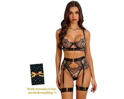 Luxe Lingerieset Dames – Lingerie Erotisch – Sexy Lingerie – 4-delige set – Zwart Kant – Lingerie Setje – Verleidelijke BH met Jarretels & Hoge Taille String – Sexy Lingerie – Chique – Luxe –Boudoir Look – Kinky – Erotisch – Maat XS/S, M, L, XL, XXL