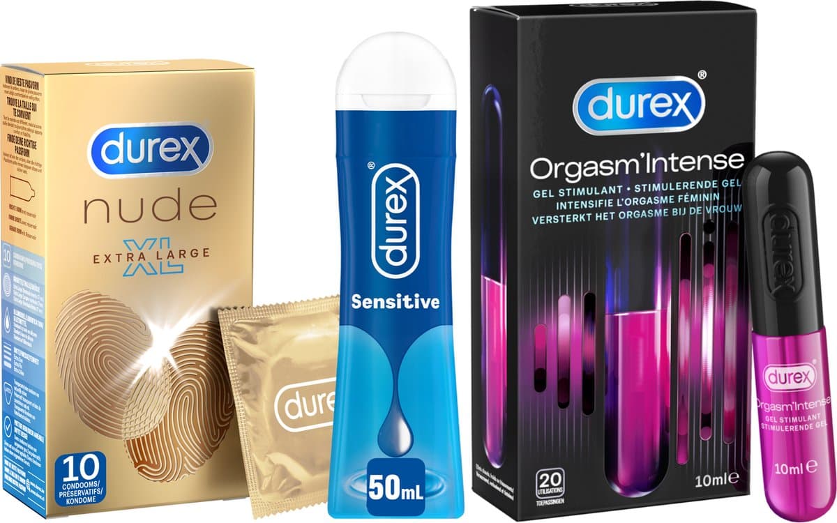Durex - 10 stuks Condooms - Nude XL - 110 ml Glijmiddel - Intense Orgasm 10ml - Play Sensitive 100ml - Voordeelverpakking — afbeelding 1