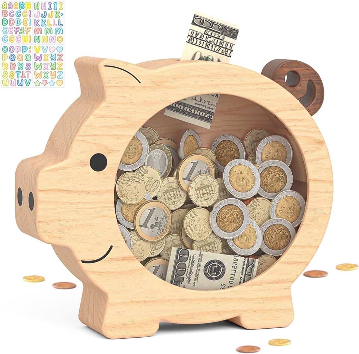 Houten spaarvarken voor kinderen, gepersonaliseerde spaarpot met doorzichtig venster, gemakkelijk toegankelijke muntbank voor meisjes en jongens, ideale educatieve geschenken voor verjaardag — afbeelding 1