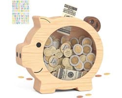 Houten spaarvarken voor kinderen, gepersonaliseerde spaarpot met doorzichtig venster, gemakkelijk toegankelijke muntbank voor meisjes en jongens, ideale educatieve geschenken voor verjaardag