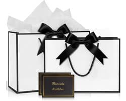 Zwart-witte geschenkzakjes, set van 2 stuks met 4 zijdepapier en 2 wenskaarten