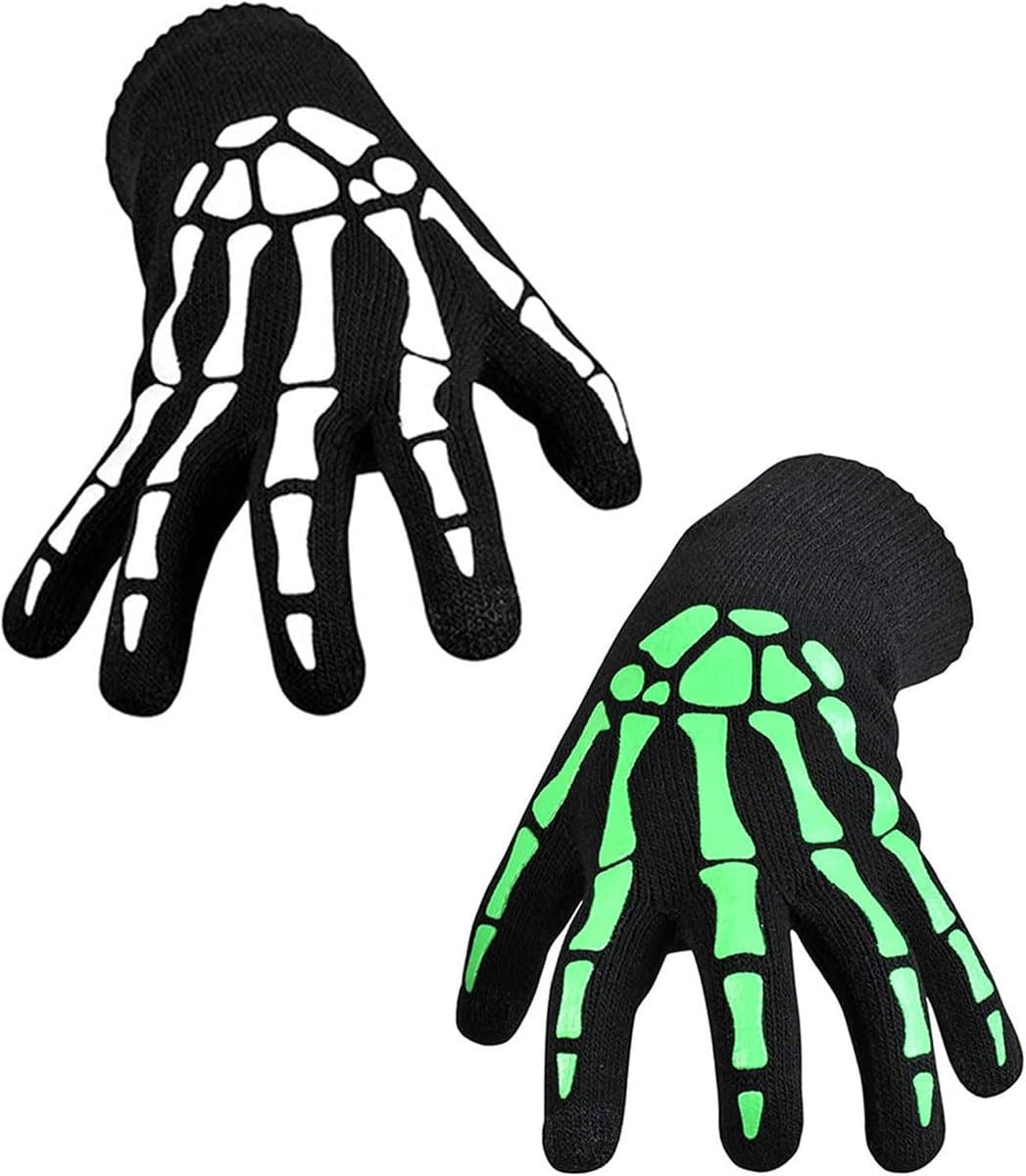 Handschoenen, uniseks, Halloween, glow-in-the-dark, Halloween, kostuum, accessoires, horrorhandschoenen, zwart, met lichtgevend skelet — afbeelding 1