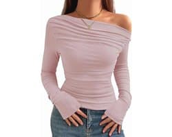Women's Long-Sleeved Shirt Elegant Stretch Slim Fit One Off Shoulder Top Long Sleeve T-Shirts Crop Top Off Shoulder Asymmetric Y2k Tight Tops Sexy