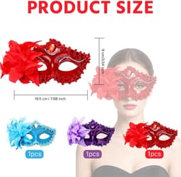 Set van 3 Venetiaanse maskers - halve gezichtsmaskers - blauw paars rood met bloemen en kant - ShopVlot — thumbnail 3