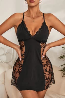 Zwart Kant Babydoll Nachtjapon Transparent Elegante Nachthemd S/M L/XL Dames Lingerie — thumbnail 3