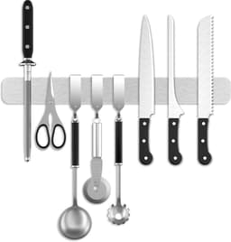 magneetstrip voor messen 40cm met 3 haken, roestvrij staal magneetstrip messenhouder 16 inch magnetisch zelfklevend keukengerei gereedschap eenvoudige montage magnetisch wandmontage voor keuken — thumbnail 2