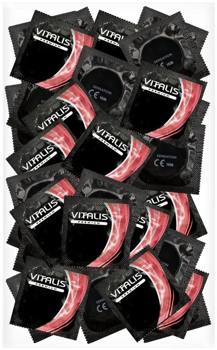 VITALIS 100 Condooms Pack Sensation met ribbels & noppen, Nominale breedte 53 mm, 100 Premium genopt met ribbels — afbeelding 1