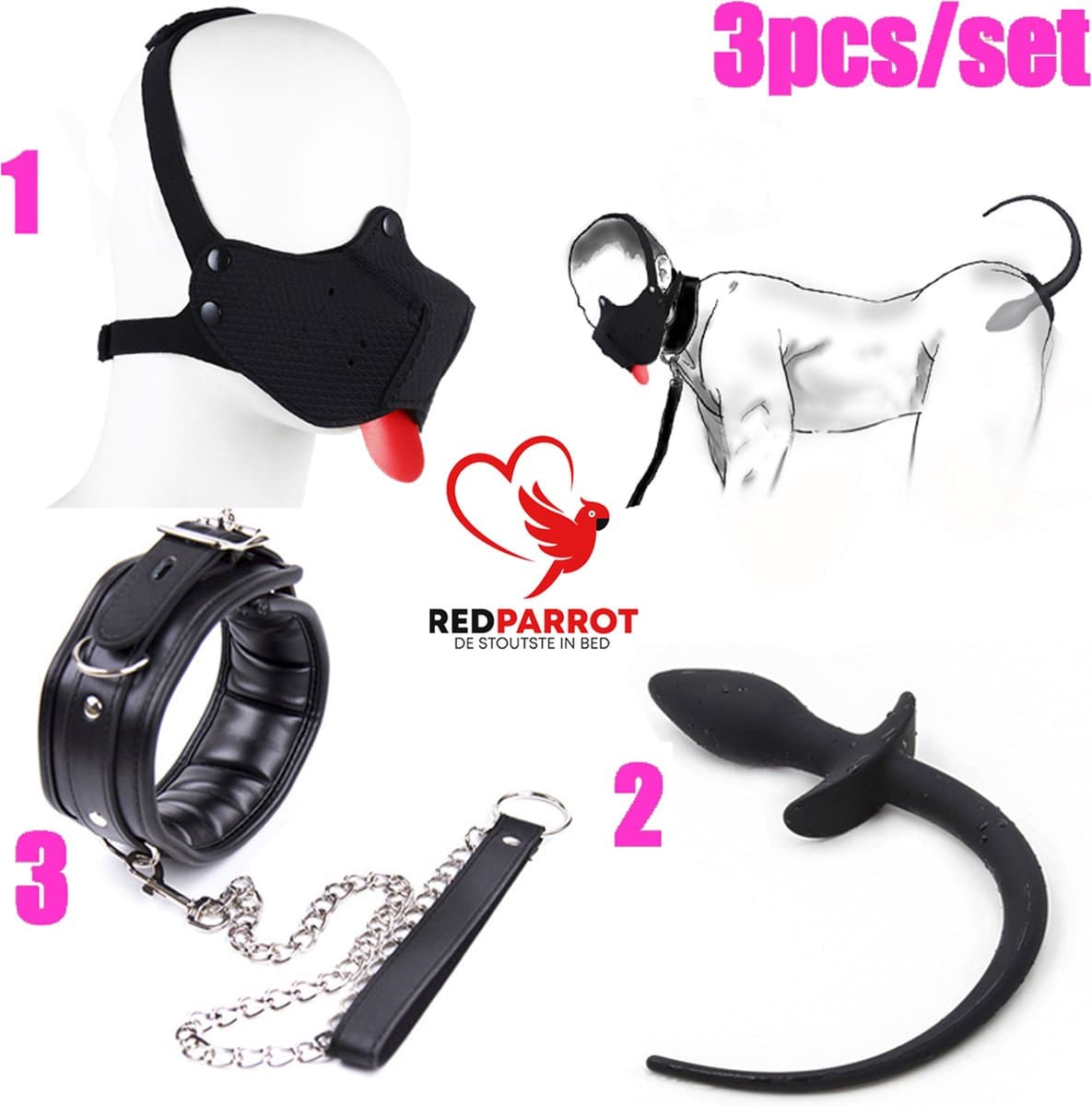 Luxe 3-delige BDSM Doggy set | Masker | Halsband | Hond | Buttplug | Slaaf | SM — afbeelding 1