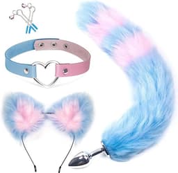 Intenz® - Buttplug Set 4-delig - Foxtail buttplug - Sex toys voor koppels - Staart - Blauw/Roze — thumbnail 1